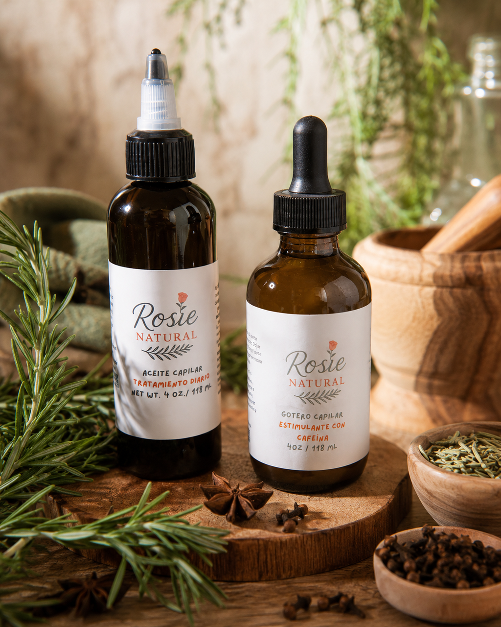 Kit Capilar de Aceite Macerado de Romero y Gotero de Cafeína y Especias - Rosemary Infused Oil & Caffeine + Spice Hair Dropper Kit